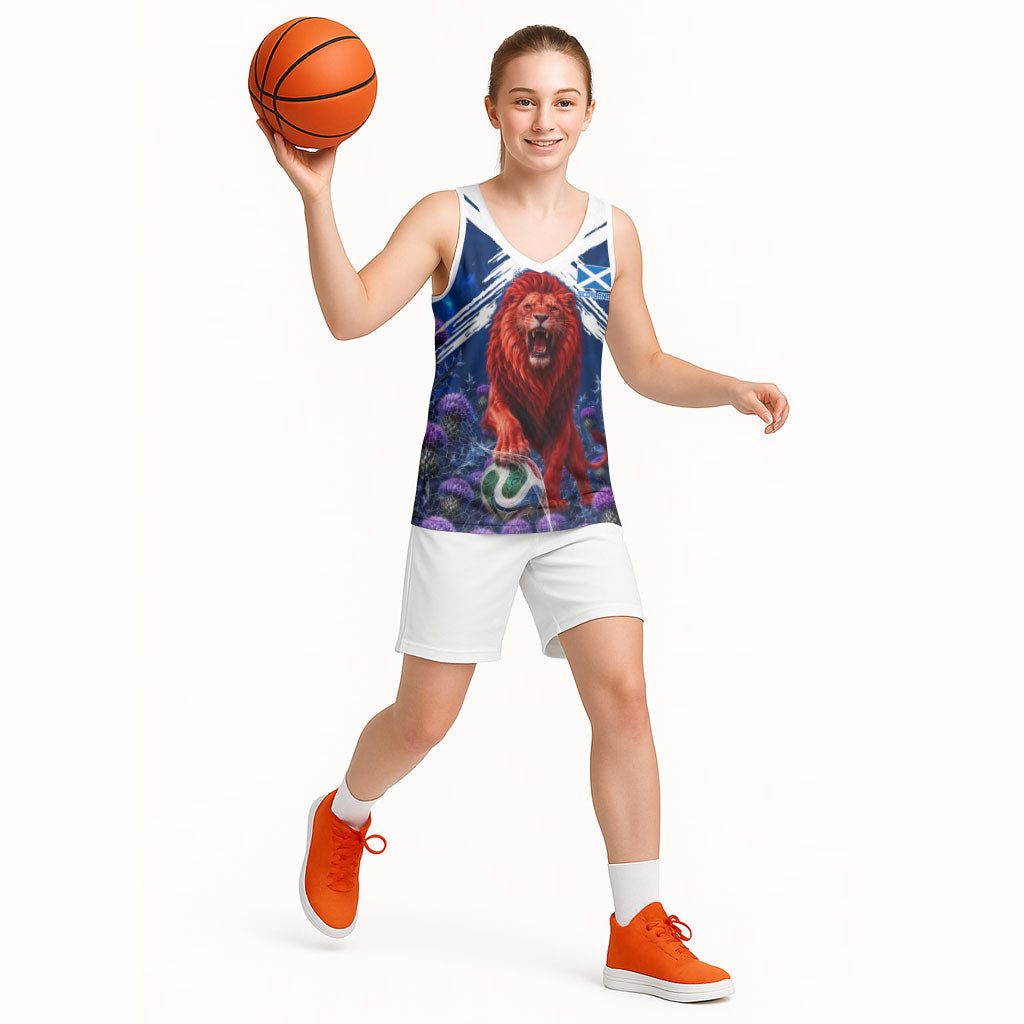 Personalized Scotland Red Lion Soccer Basketball Jersey Scottish Saltire Flag Purple Thistle Cheering Fans