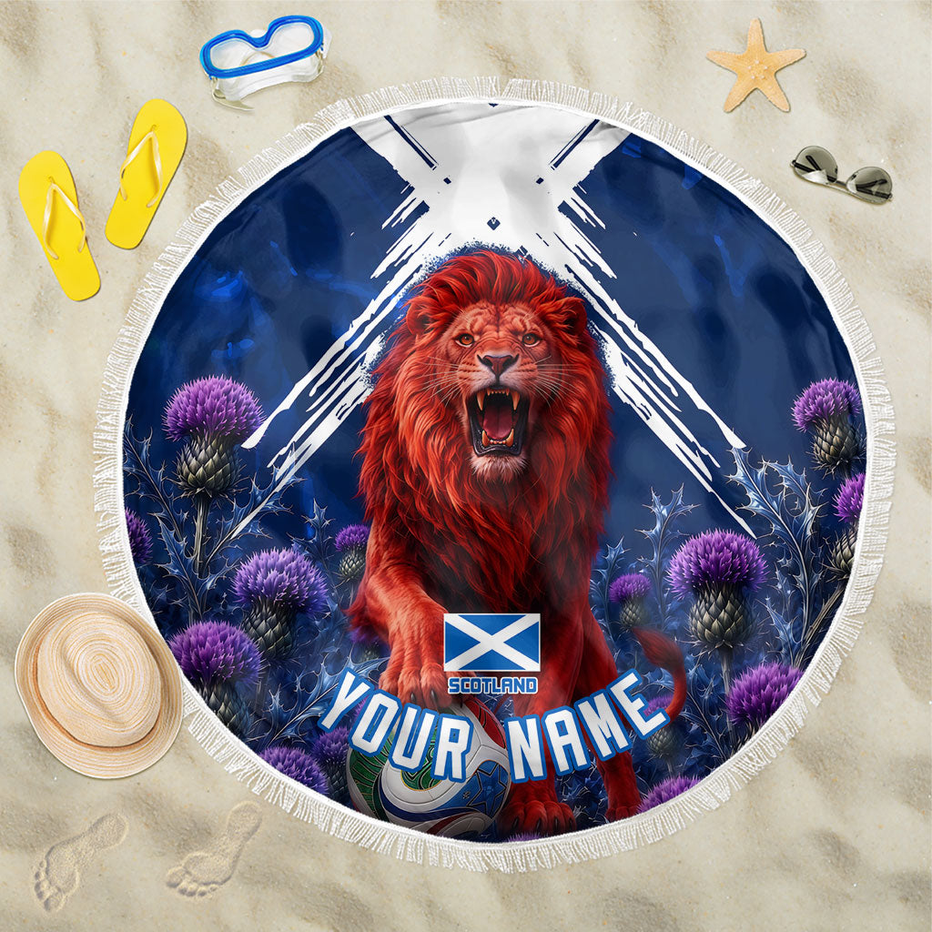 Personalized Scotland Red Lion Soccer Beach Blanket Scottish Saltire Flag Purple Thistle Cheering Fans