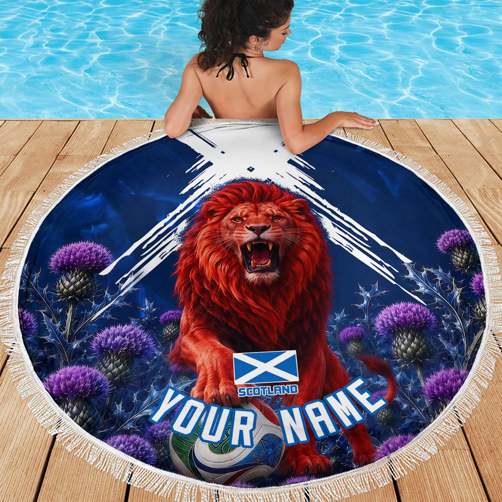 Personalized Scotland Red Lion Soccer Beach Blanket Scottish Saltire Flag Purple Thistle Cheering Fans