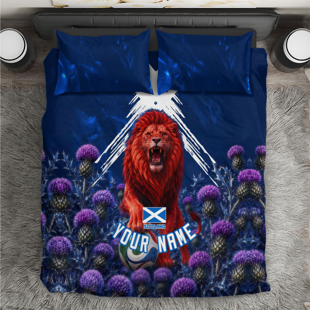 Personalized Scotland Red Lion Soccer Bedding Set Scottish Saltire Flag Purple Thistle Cheering Fans