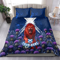 Personalized Scotland Red Lion Soccer Bedding Set Scottish Saltire Flag Purple Thistle Cheering Fans