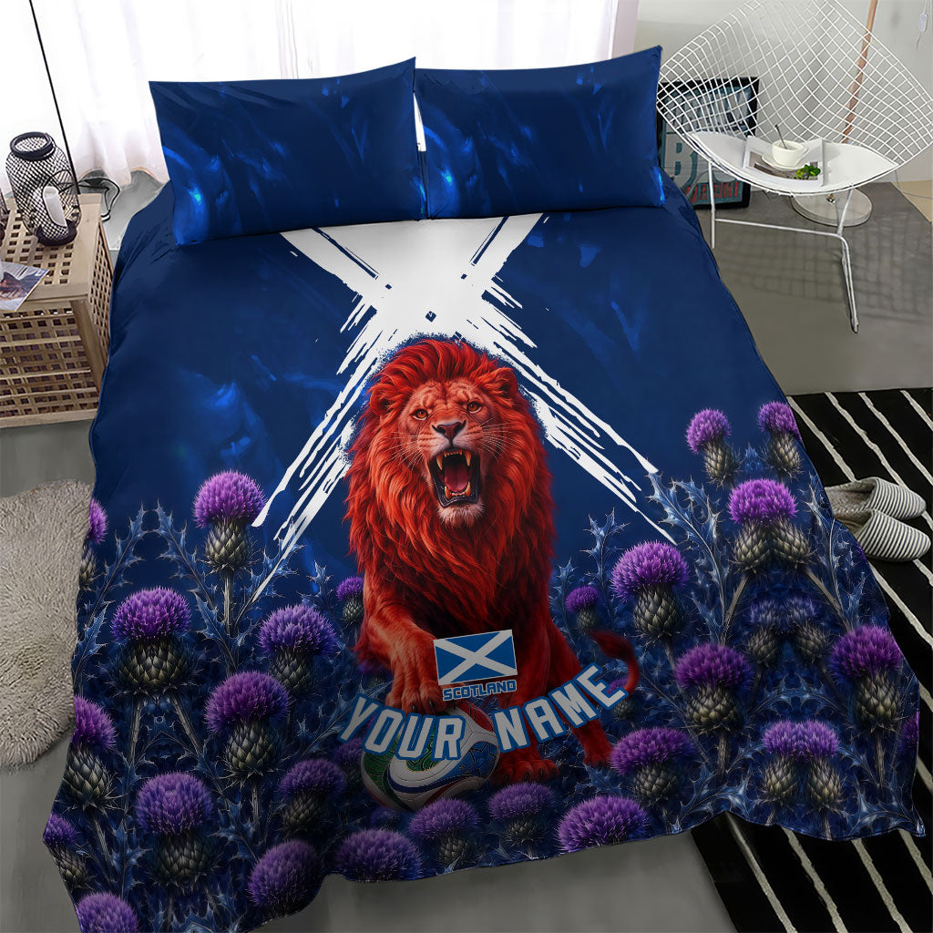 Personalized Scotland Red Lion Soccer Bedding Set Scottish Saltire Flag Purple Thistle Cheering Fans