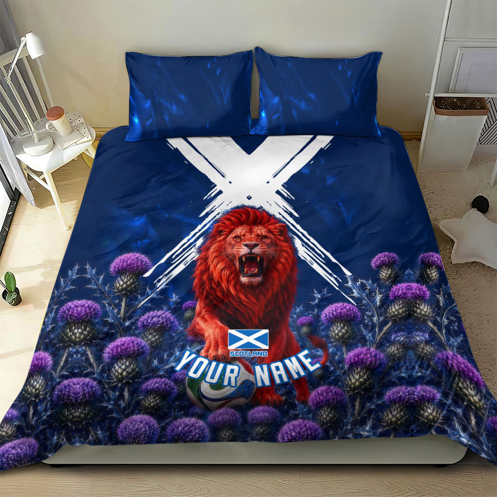 Personalized Scotland Red Lion Soccer Bedding Set Scottish Saltire Flag Purple Thistle Cheering Fans