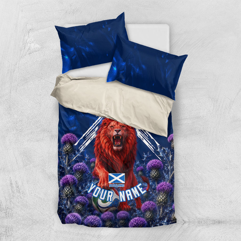 Personalized Scotland Red Lion Soccer Bedding Set Scottish Saltire Flag Purple Thistle Cheering Fans