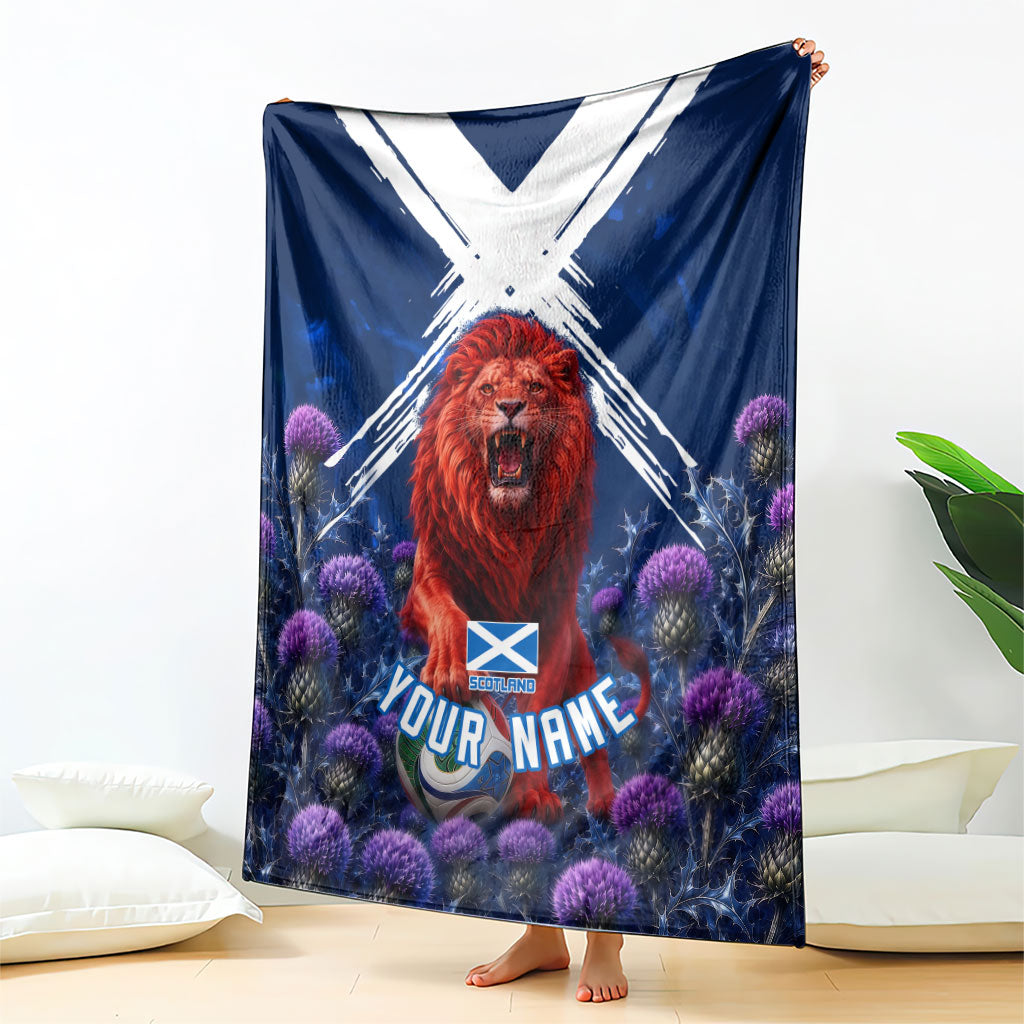 Personalized Scotland Red Lion Soccer Blanket Scottish Saltire Flag Purple Thistle Cheering Fans
