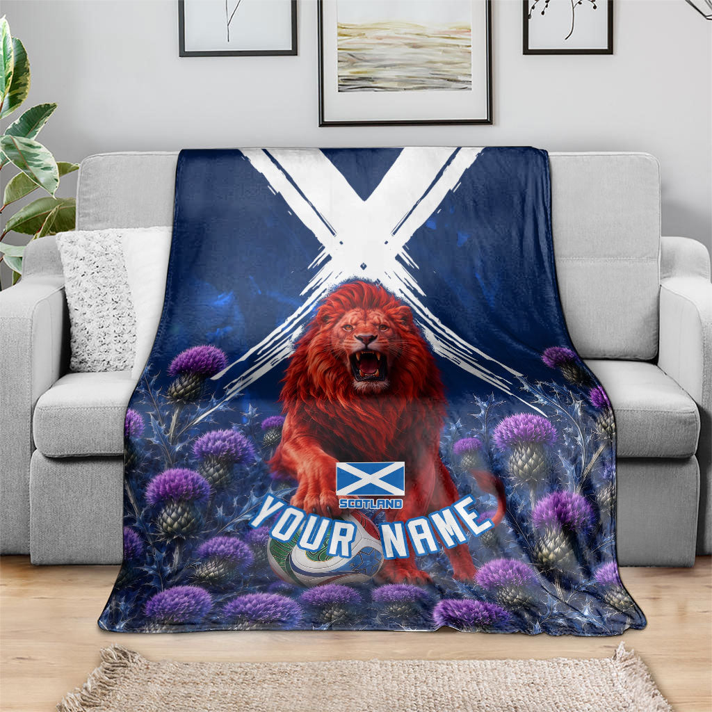 Personalized Scotland Red Lion Soccer Blanket Scottish Saltire Flag Purple Thistle Cheering Fans
