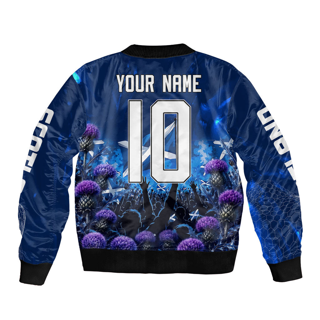 Personalized Scotland Red Lion Soccer Bomber Jacket Scottish Saltire Flag Purple Thistle Cheering Fans