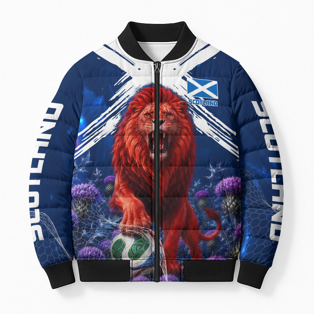 Personalized Scotland Red Lion Soccer Bomber Puffer Jacket Scottish Saltire Flag Purple Thistle Cheering Fans