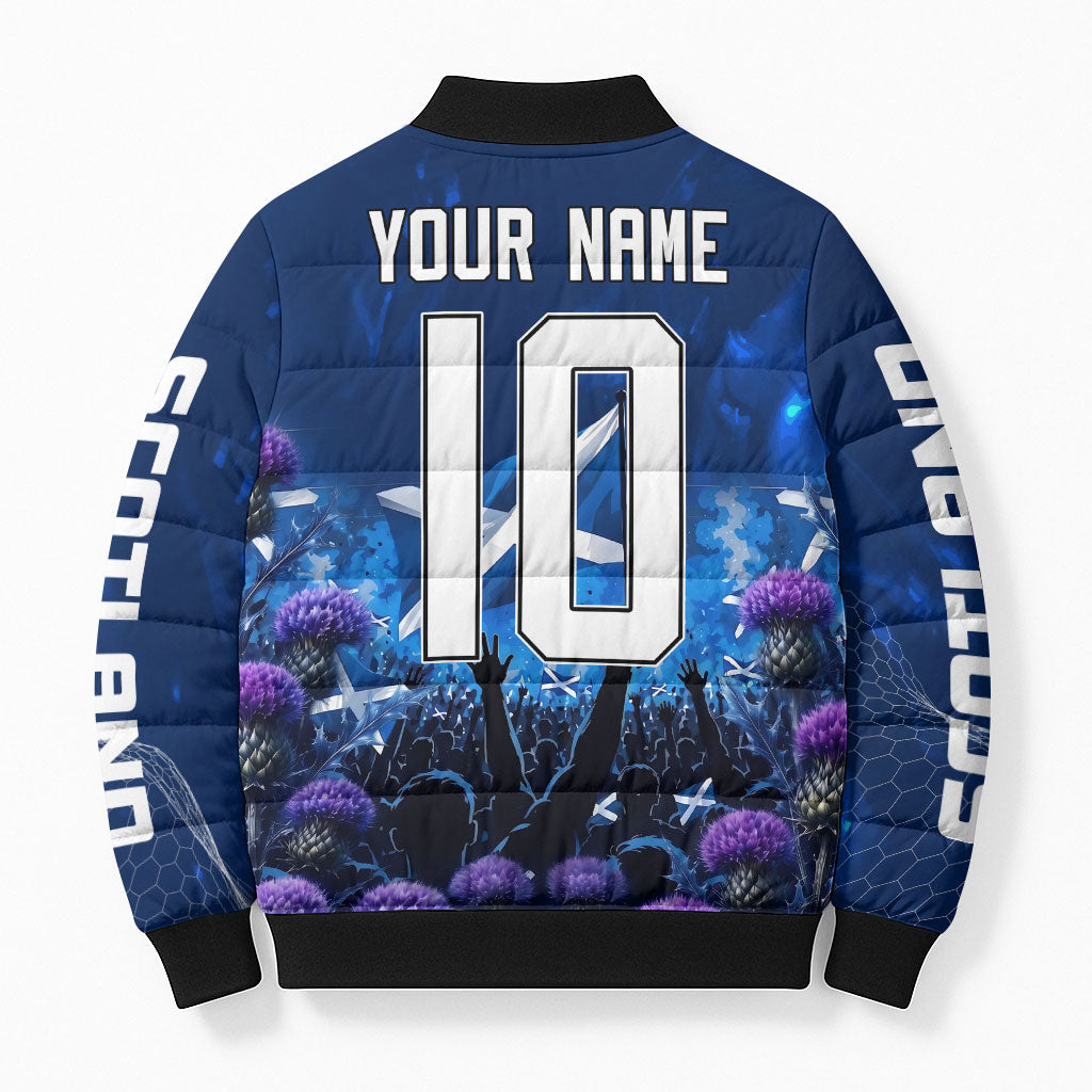 Personalized Scotland Red Lion Soccer Bomber Puffer Jacket Scottish Saltire Flag Purple Thistle Cheering Fans