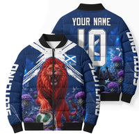 Personalized Scotland Red Lion Soccer Bomber Puffer Jacket Scottish Saltire Flag Purple Thistle Cheering Fans