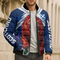 Personalized Scotland Red Lion Soccer Bomber Puffer Jacket Scottish Saltire Flag Purple Thistle Cheering Fans
