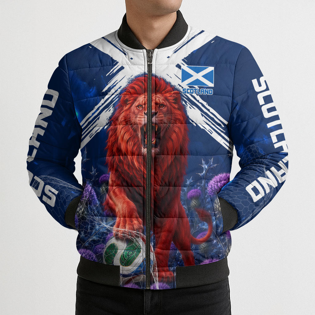 Personalized Scotland Red Lion Soccer Bomber Puffer Jacket Scottish Saltire Flag Purple Thistle Cheering Fans