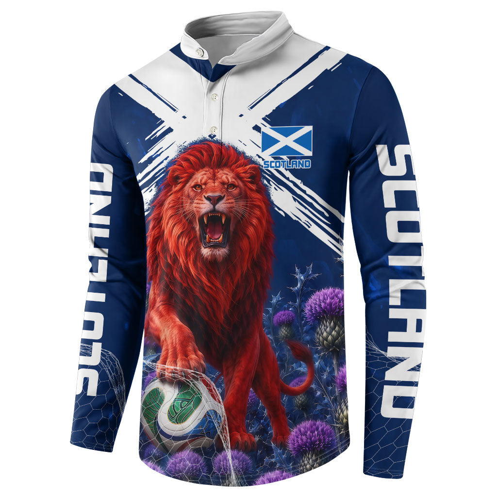 Personalized Scotland Red Lion Soccer Button Sweatshirt Scottish Saltire Flag Purple Thistle Cheering Fans