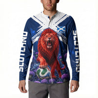 Personalized Scotland Red Lion Soccer Button Sweatshirt Scottish Saltire Flag Purple Thistle Cheering Fans