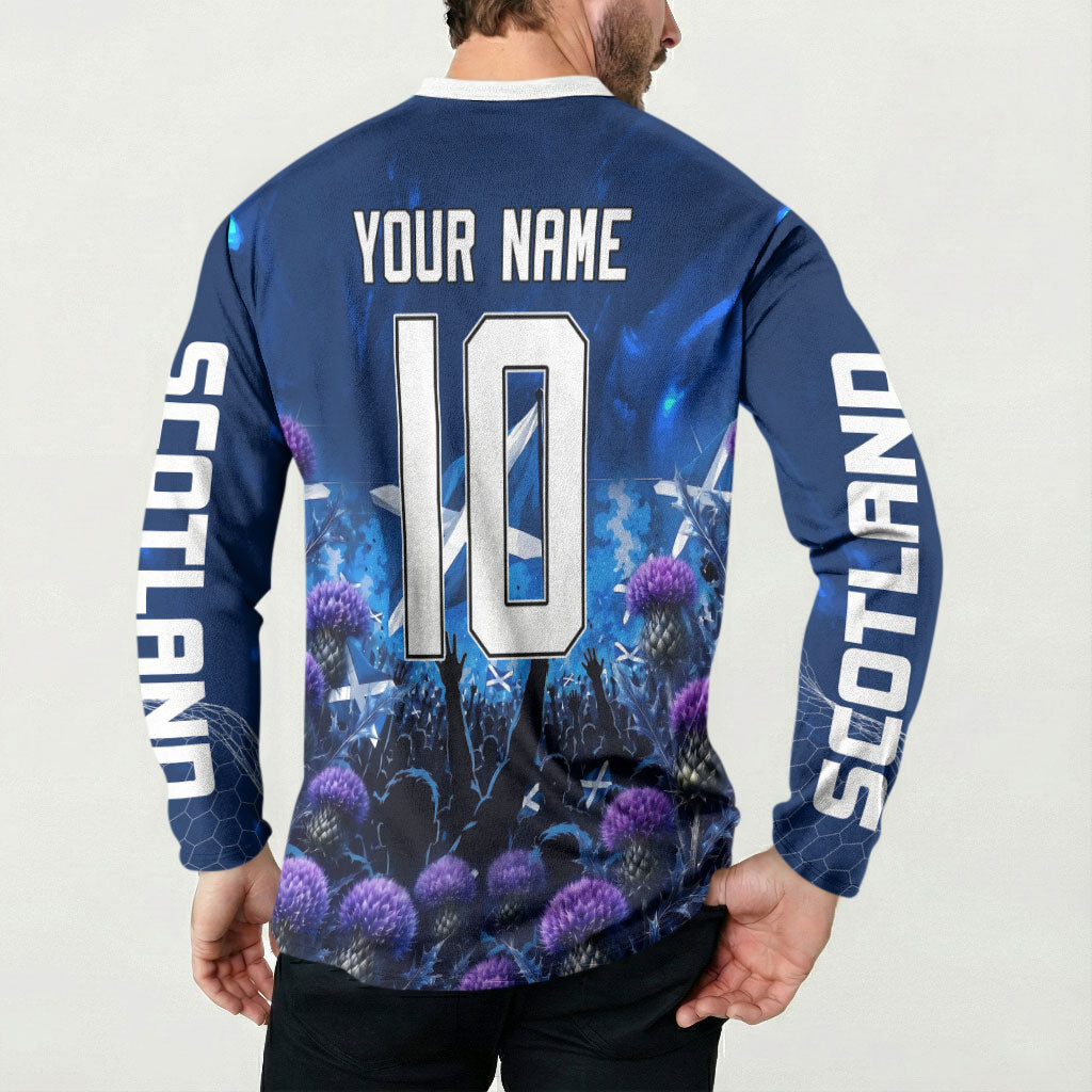 Personalized Scotland Red Lion Soccer Button Sweatshirt Scottish Saltire Flag Purple Thistle Cheering Fans