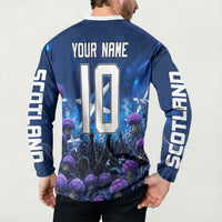 Personalized Scotland Red Lion Soccer Button Sweatshirt Scottish Saltire Flag Purple Thistle Cheering Fans