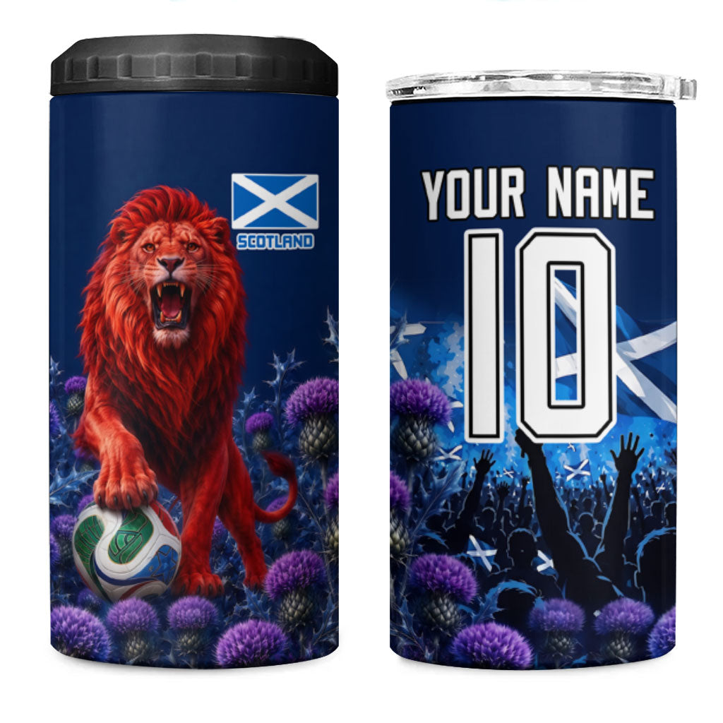 Personalized Scotland Red Lion Soccer 4 in 1 Can Cooler Tumbler Scottish Saltire Flag Purple Thistle Cheering Fans
