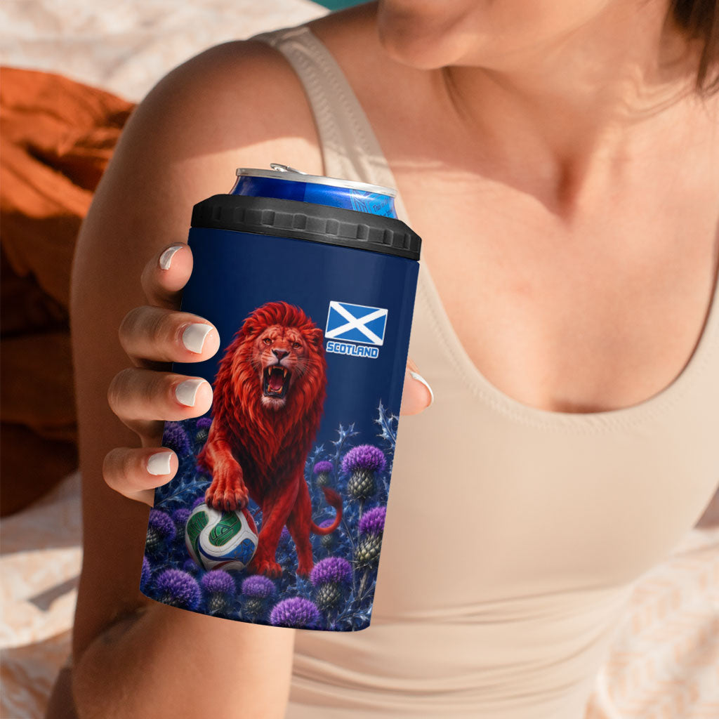 Personalized Scotland Red Lion Soccer 4 in 1 Can Cooler Tumbler Scottish Saltire Flag Purple Thistle Cheering Fans