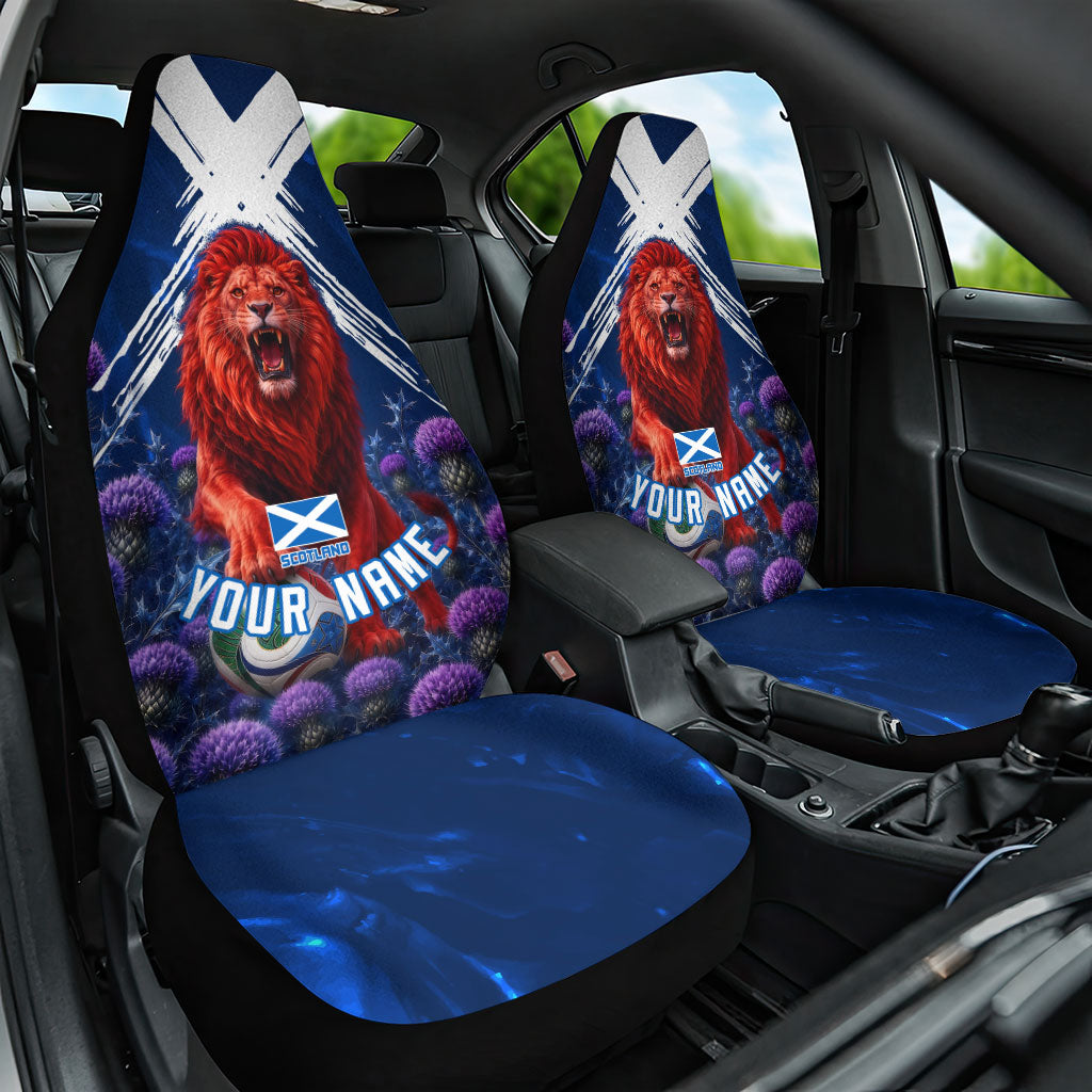 Personalized Scotland Red Lion Soccer Car Seat Cover Scottish Saltire Flag Purple Thistle Cheering Fans