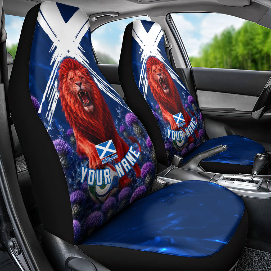 Personalized Scotland Red Lion Soccer Car Seat Cover Scottish Saltire Flag Purple Thistle Cheering Fans