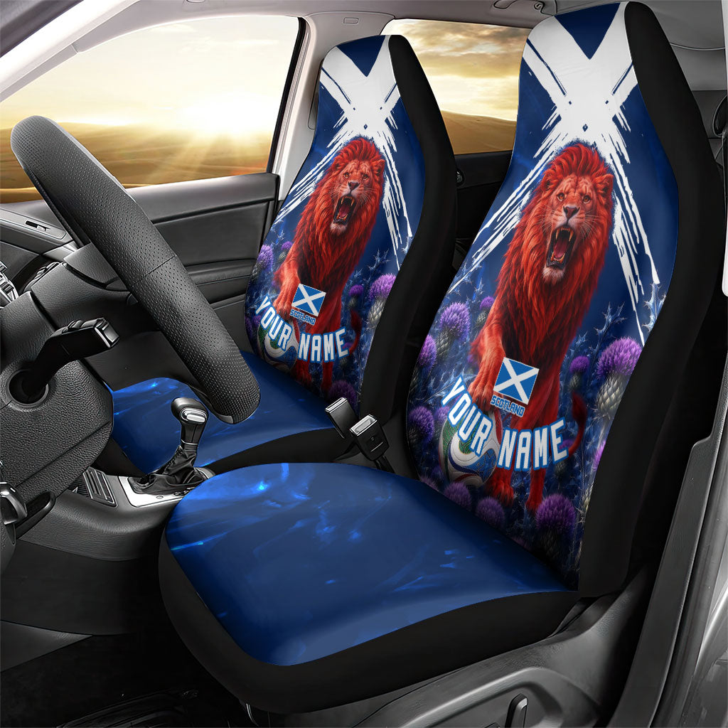 Personalized Scotland Red Lion Soccer Car Seat Cover Scottish Saltire Flag Purple Thistle Cheering Fans