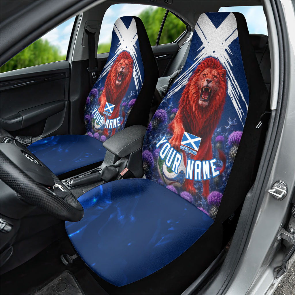Personalized Scotland Red Lion Soccer Car Seat Cover Scottish Saltire Flag Purple Thistle Cheering Fans