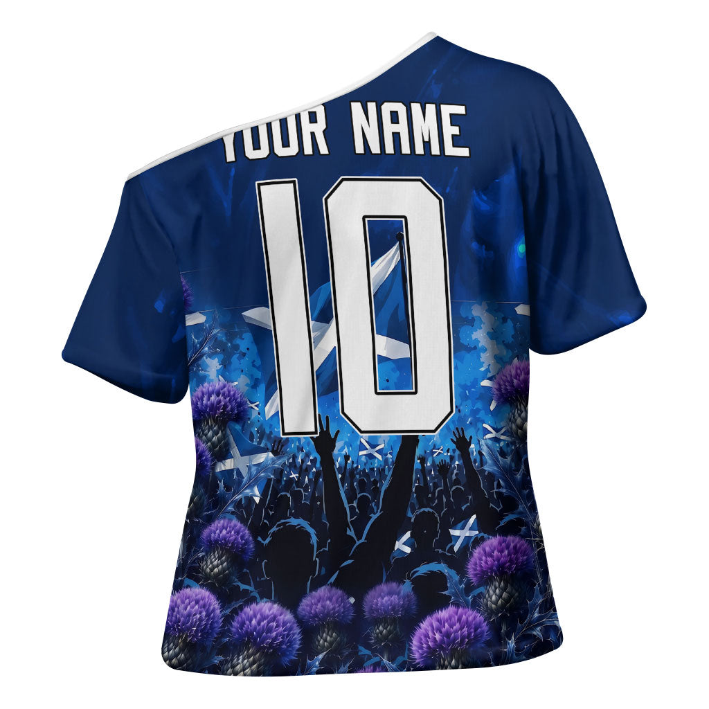 Personalized Scotland Red Lion Soccer Cross Shoulder Shirt Scottish Saltire Flag Purple Thistle Cheering Fans