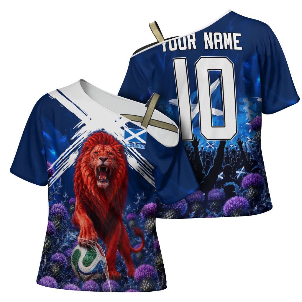 Personalized Scotland Red Lion Soccer Cross Shoulder Shirt Scottish Saltire Flag Purple Thistle Cheering Fans