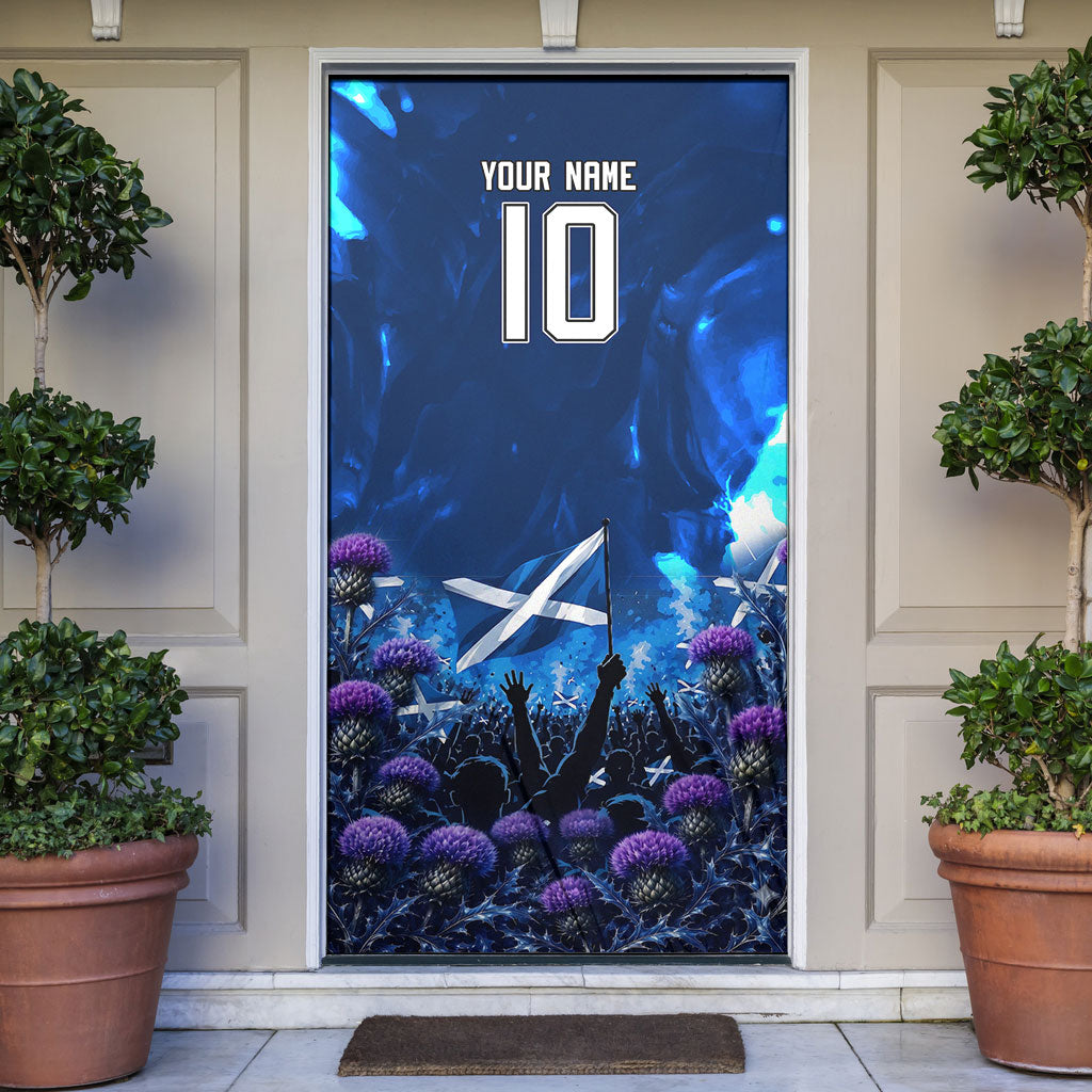 Personalized Scotland Red Lion Soccer Door Cover Scottish Saltire Flag Purple Thistle Cheering Fans