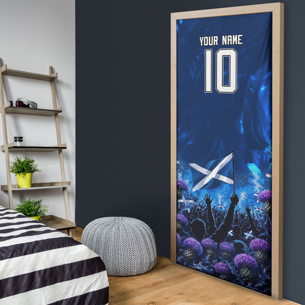 Personalized Scotland Red Lion Soccer Door Cover Scottish Saltire Flag Purple Thistle Cheering Fans