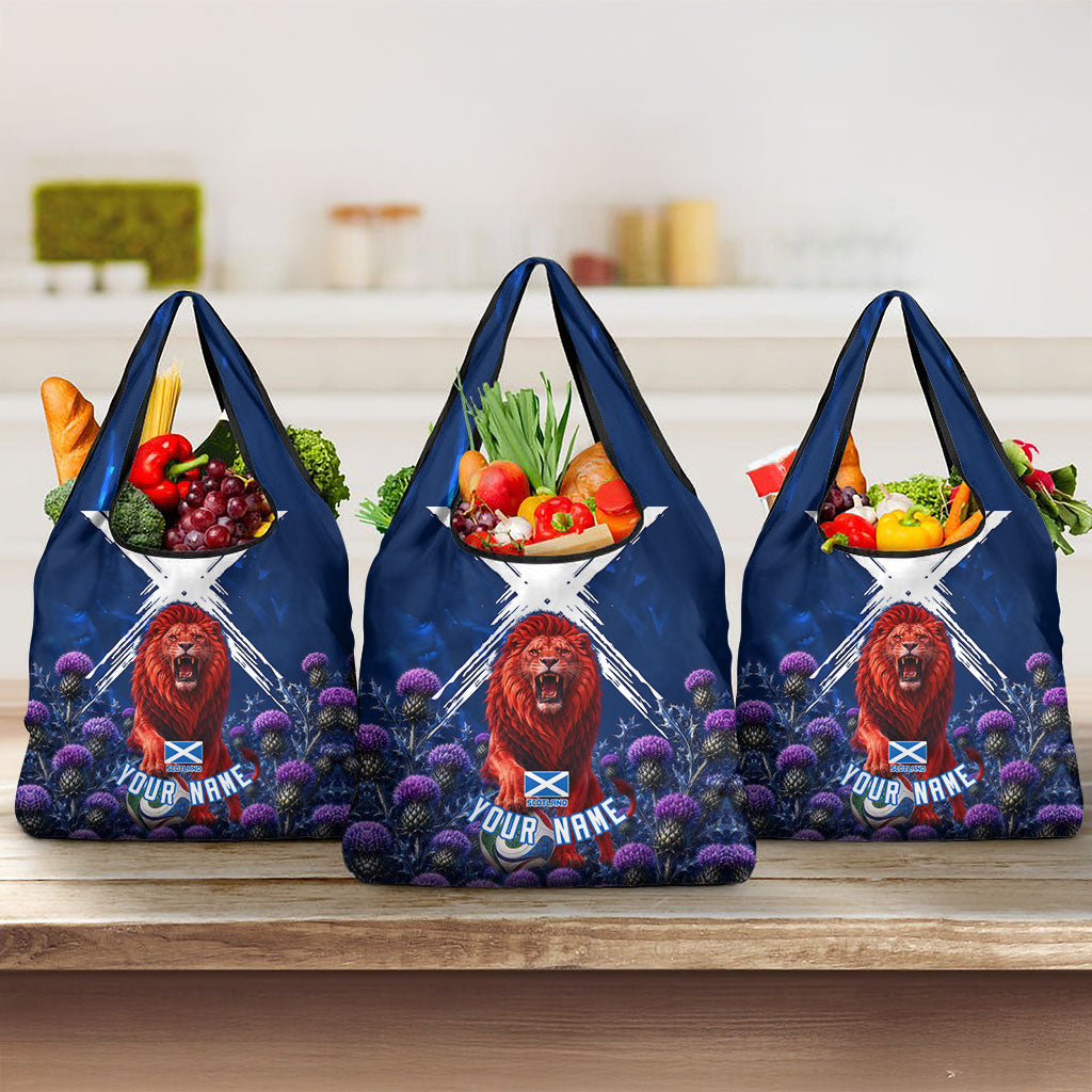 Personalized Scotland Red Lion Soccer Grocery Bag Scottish Saltire Flag Purple Thistle Cheering Fans