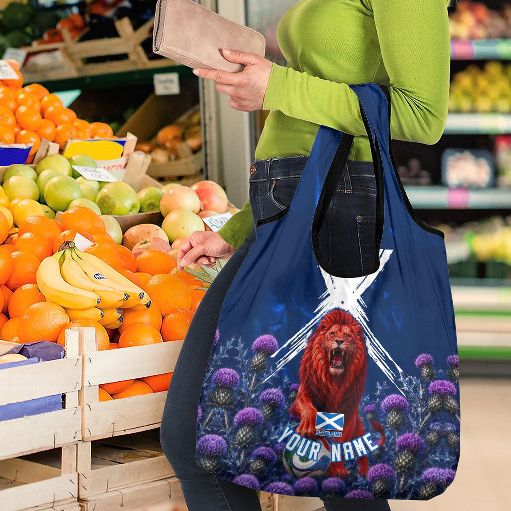 Personalized Scotland Red Lion Soccer Grocery Bag Scottish Saltire Flag Purple Thistle Cheering Fans