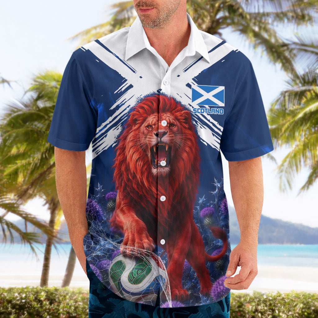 Personalized Scotland Red Lion Soccer Hawaiian Shirt Scottish Saltire Flag Purple Thistle Cheering Fans