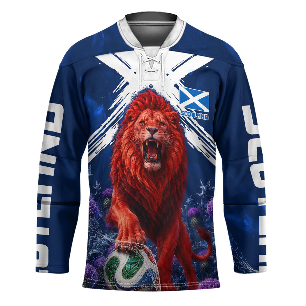 Personalized Scotland Red Lion Soccer Hockey Jersey Scottish Saltire Flag Purple Thistle Cheering Fans
