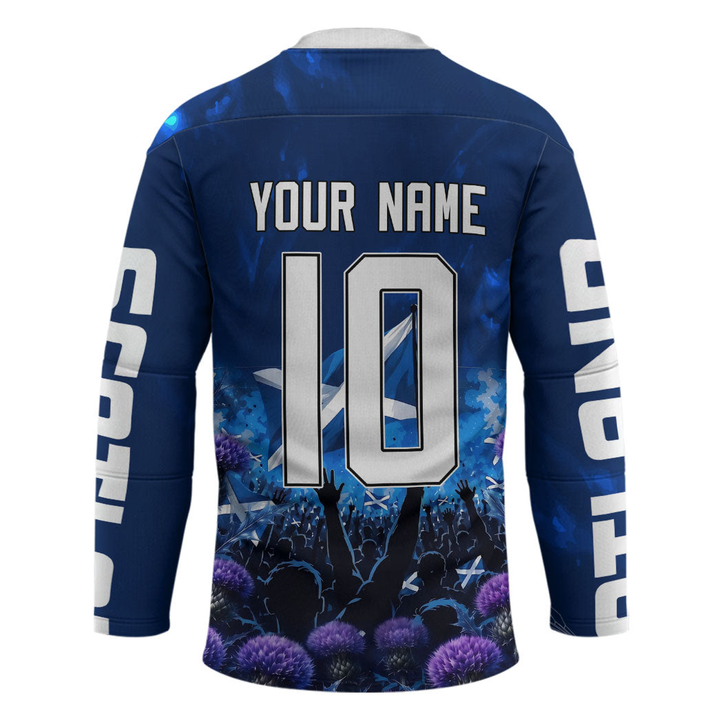 Personalized Scotland Red Lion Soccer Hockey Jersey Scottish Saltire Flag Purple Thistle Cheering Fans
