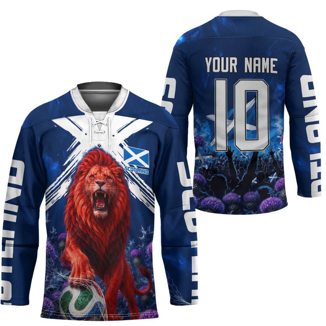 Personalized Scotland Red Lion Soccer Hockey Jersey Scottish Saltire Flag Purple Thistle Cheering Fans