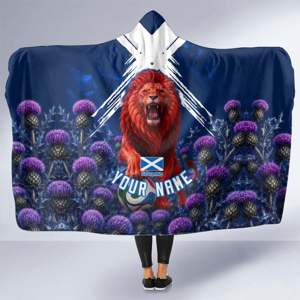 Personalized Scotland Red Lion Soccer Hooded Blanket Scottish Saltire Flag Purple Thistle Cheering Fans
