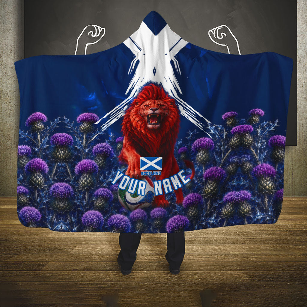 Personalized Scotland Red Lion Soccer Hooded Blanket Scottish Saltire Flag Purple Thistle Cheering Fans