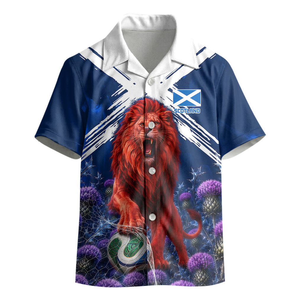 Personalized Scotland Red Lion Soccer Kid Hawaiian Shirt Scottish Saltire Flag Purple Thistle Cheering Fans