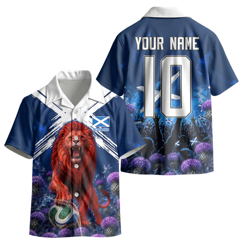 Personalized Scotland Red Lion Soccer Kid Hawaiian Shirt Scottish Saltire Flag Purple Thistle Cheering Fans