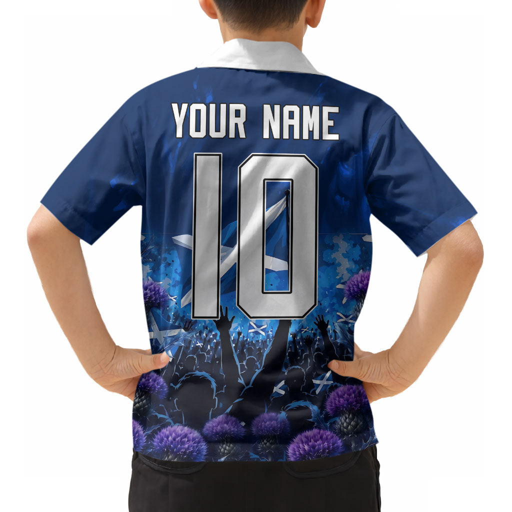 Personalized Scotland Red Lion Soccer Kid Hawaiian Shirt Scottish Saltire Flag Purple Thistle Cheering Fans
