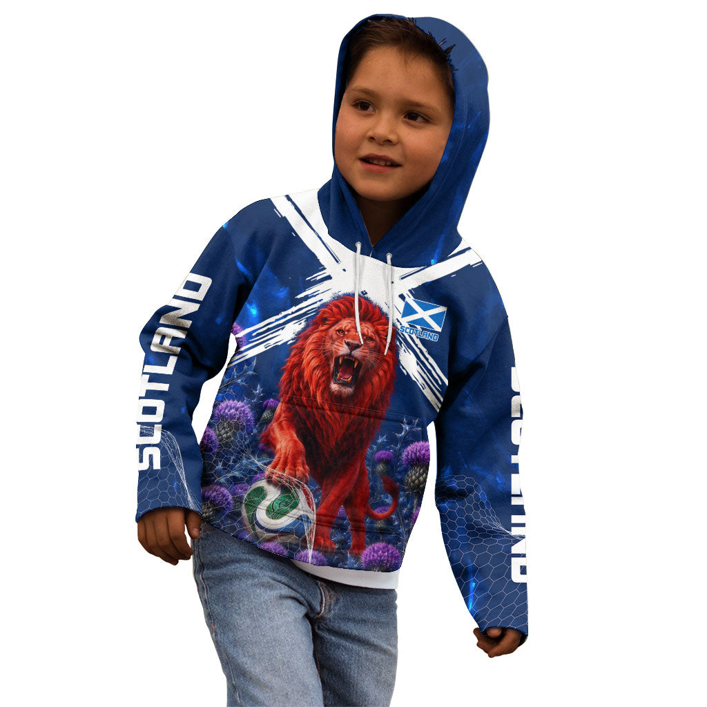 Personalized Scotland Red Lion Soccer Kid Hoodie Scottish Saltire Flag Purple Thistle Cheering Fans