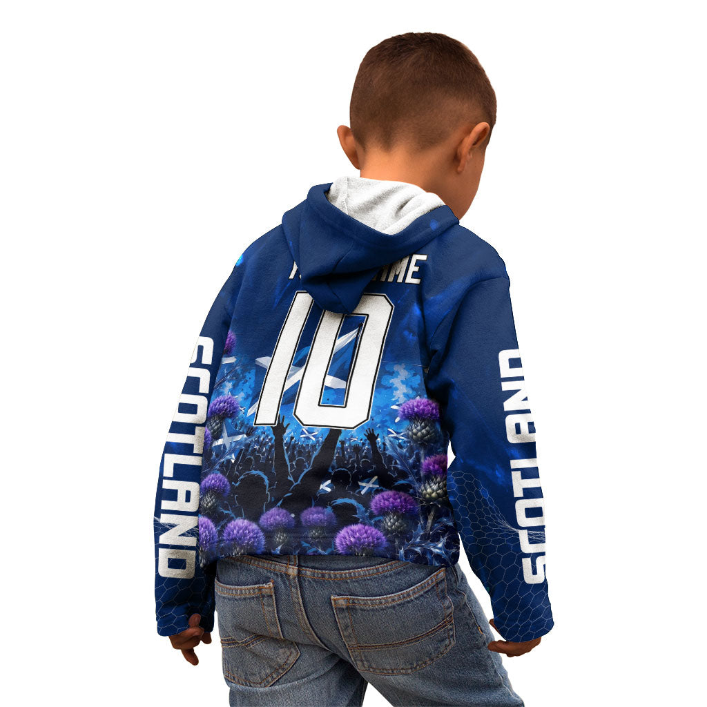 Personalized Scotland Red Lion Soccer Kid Hoodie Scottish Saltire Flag Purple Thistle Cheering Fans