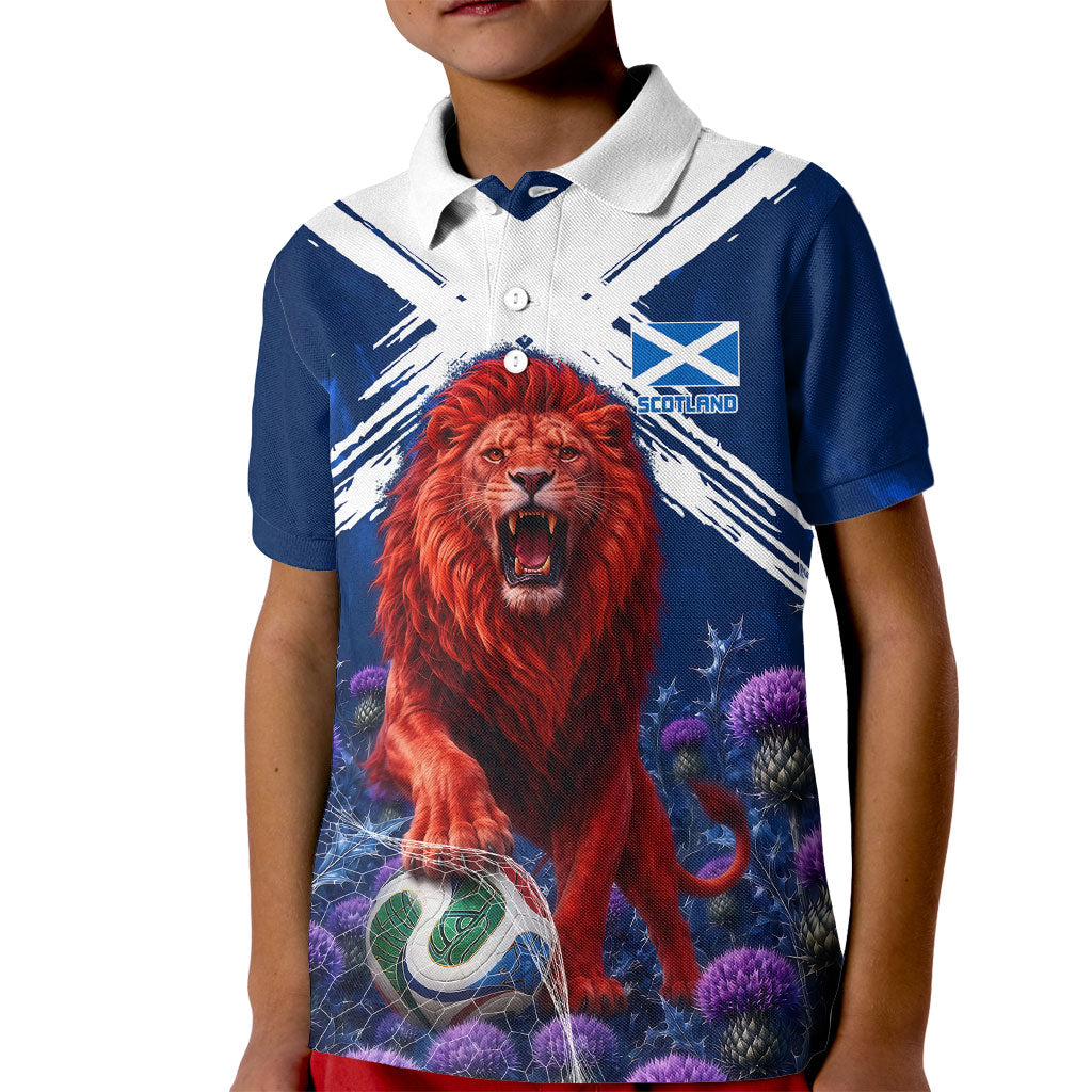 Personalized Scotland Red Lion Soccer Kid Polo Shirt Scottish Saltire Flag Purple Thistle Cheering Fans