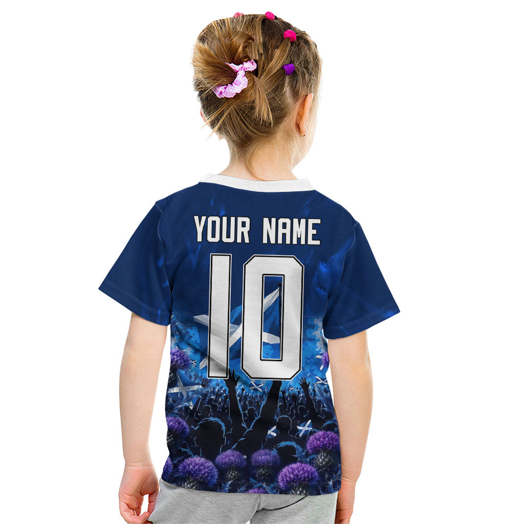Personalized Scotland Red Lion Soccer Kid T Shirt Scottish Saltire Flag Purple Thistle Cheering Fans