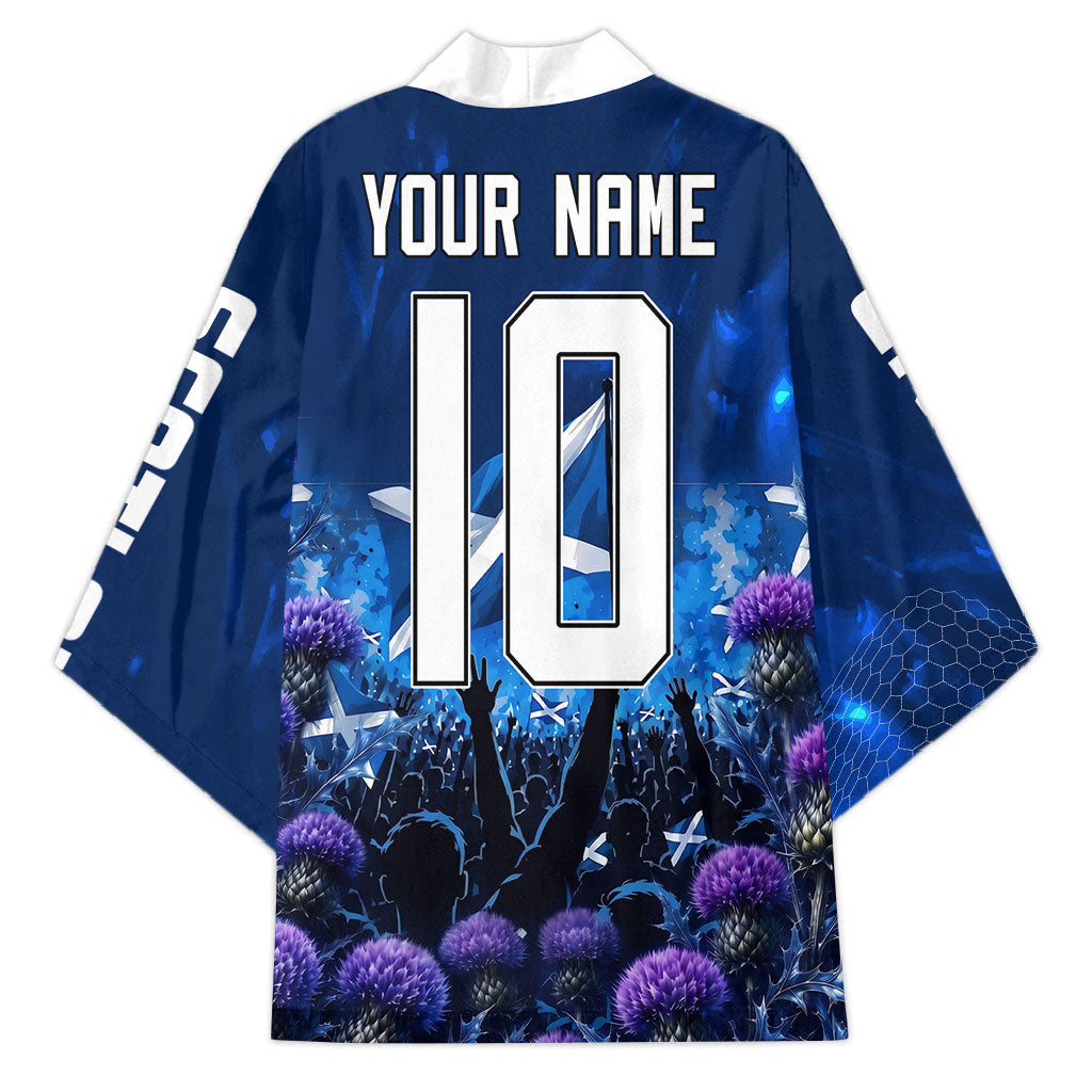 Personalized Scotland Red Lion Soccer Kimono Scottish Saltire Flag Purple Thistle Cheering Fans