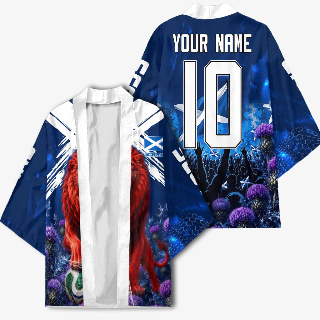 Personalized Scotland Red Lion Soccer Kimono Scottish Saltire Flag Purple Thistle Cheering Fans