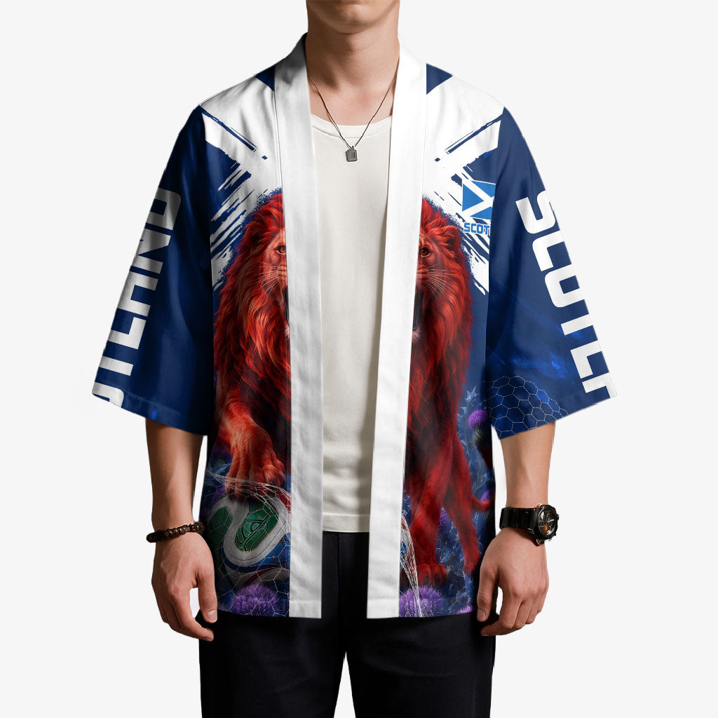Personalized Scotland Red Lion Soccer Kimono Scottish Saltire Flag Purple Thistle Cheering Fans