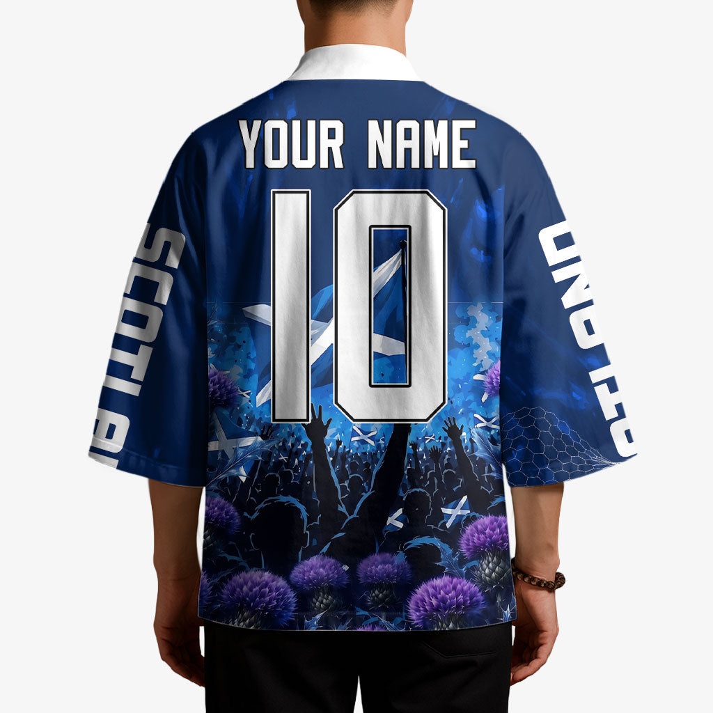 Personalized Scotland Red Lion Soccer Kimono Scottish Saltire Flag Purple Thistle Cheering Fans