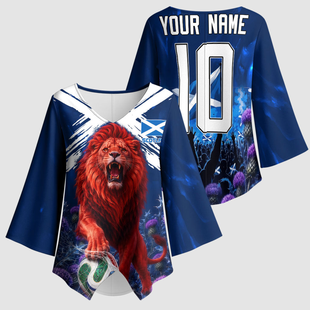 Personalized Scotland Red Lion Soccer Kimono Sleeve Blouse Scottish Saltire Flag Purple Thistle Cheering Fans